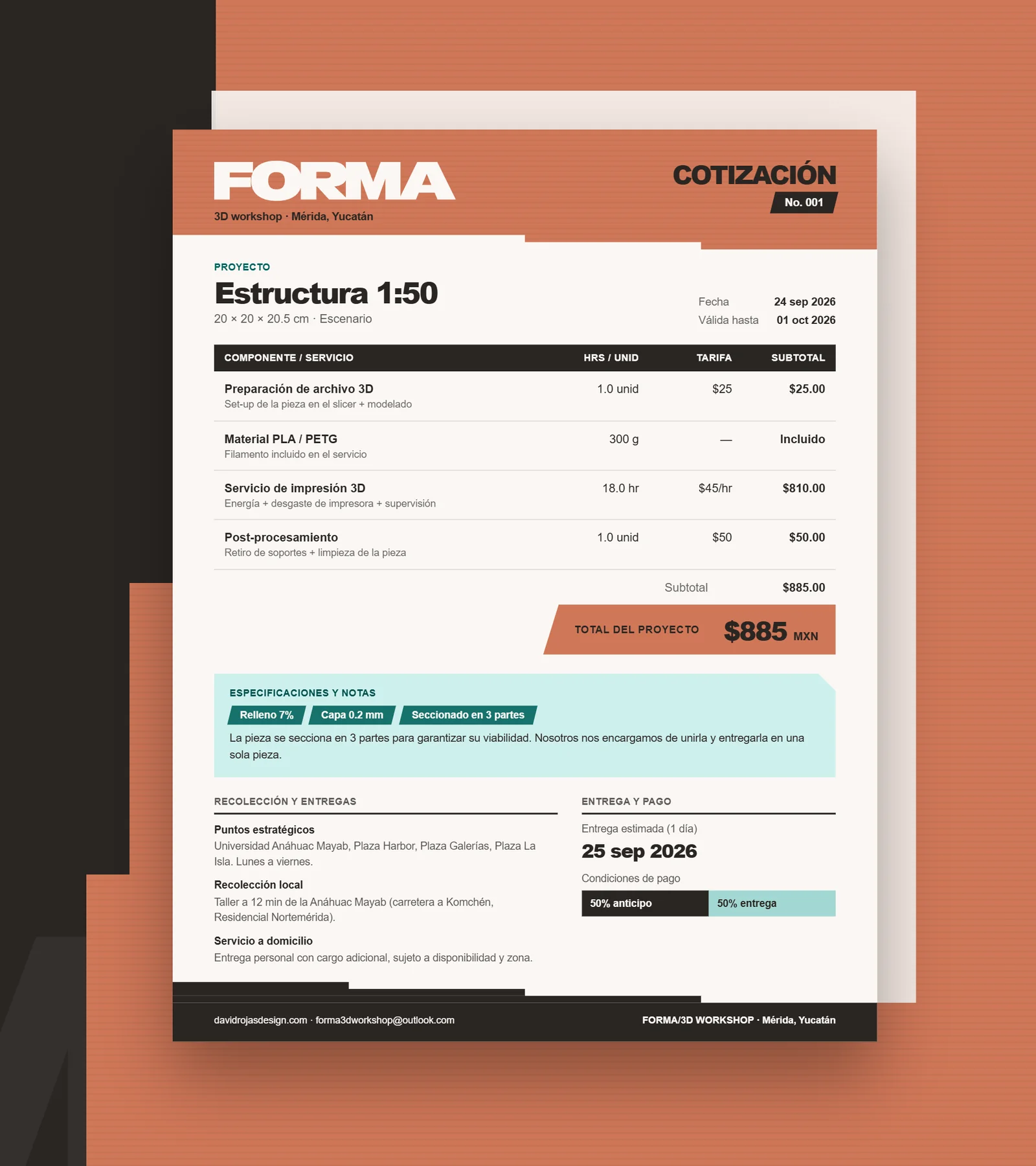 Composición de la hoja de cotización de Forma: encabezado terracota, tabla de servicios, total del proyecto y condiciones de entrega y pago