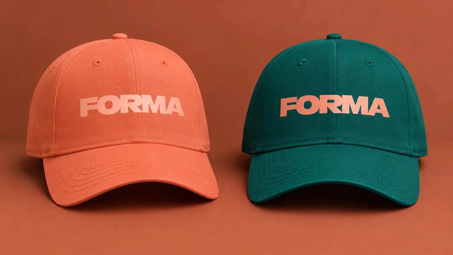 Dos gorras con el logotipo FORMA bordado, una terracota y una verde azulado