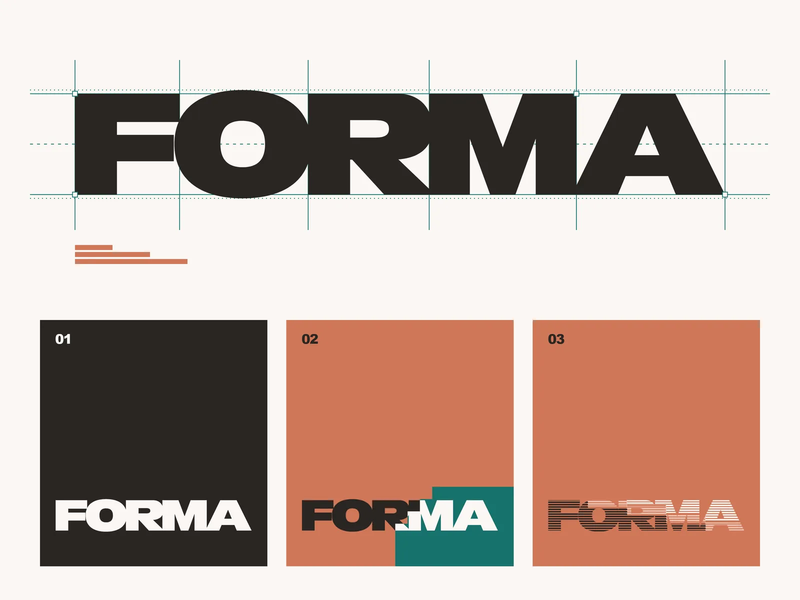 Construcción del logotipo FORMA sobre retícula y sus tres variantes: sólida, bicolor y rayada