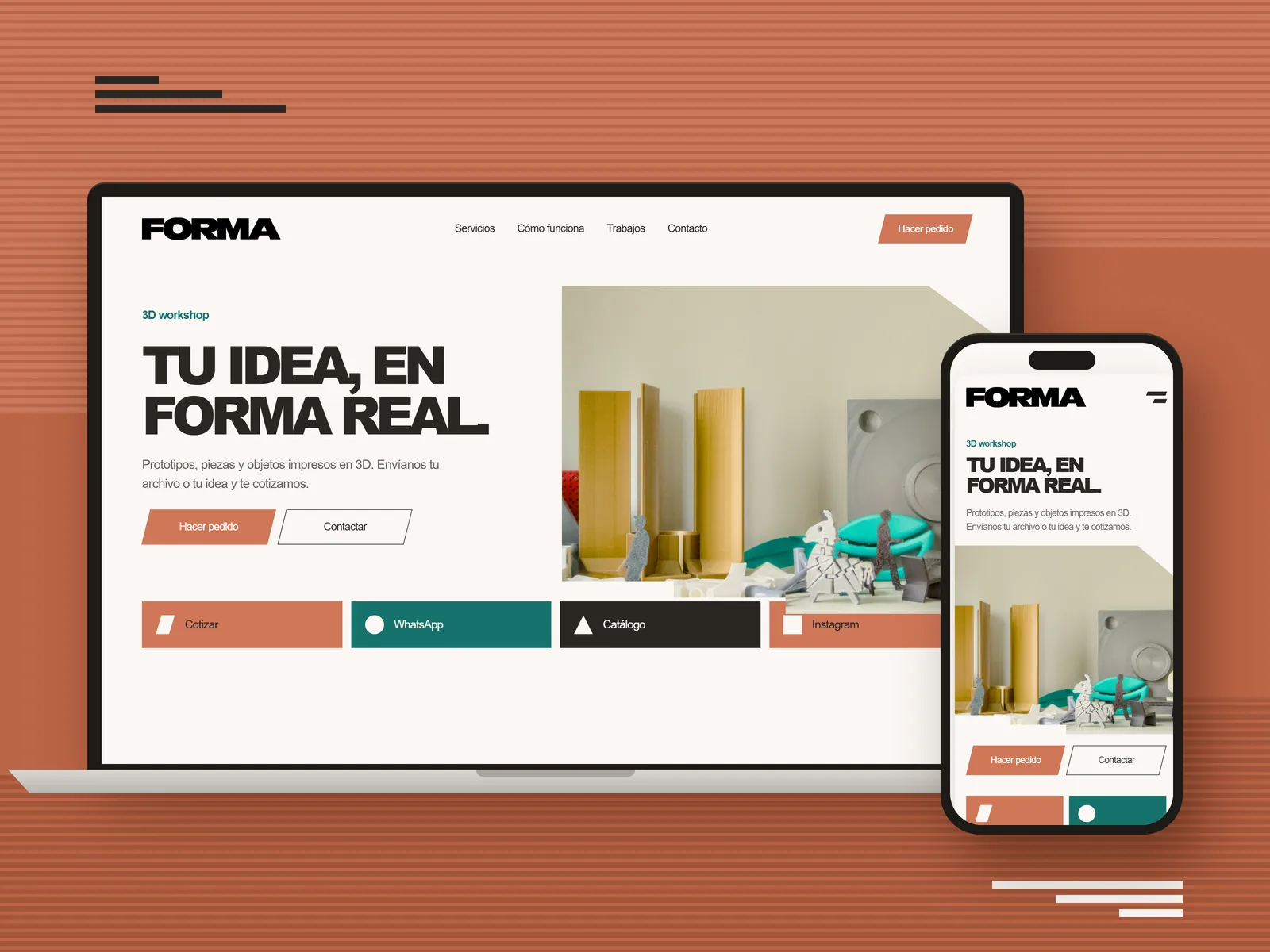 Landing page de Forma en laptop y celular: «Tu idea, en forma real»