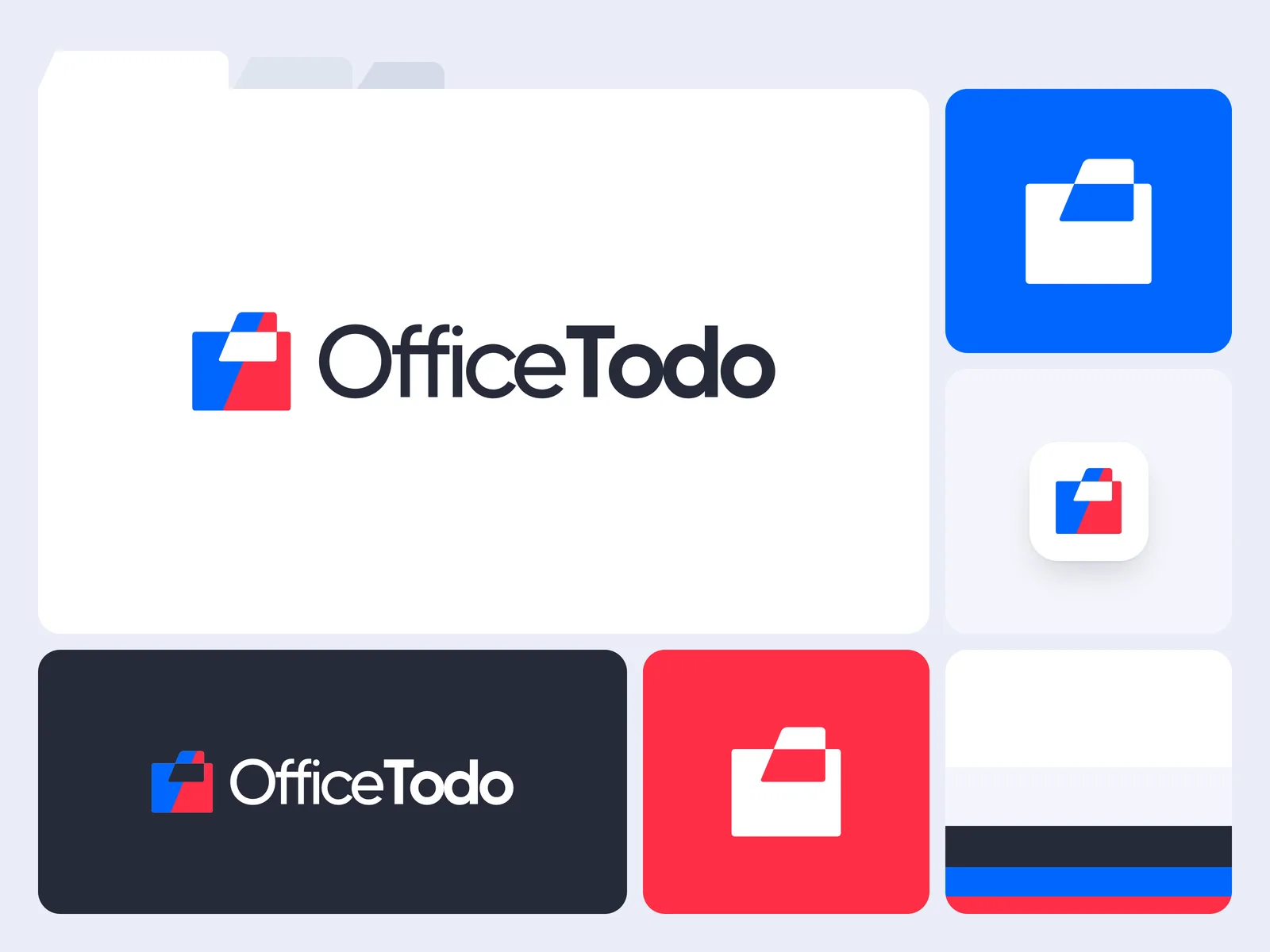 Sistema de identidad de OfficeTodo: logotipo, símbolo de carpeta en azul y rojo, ícono de app y paleta