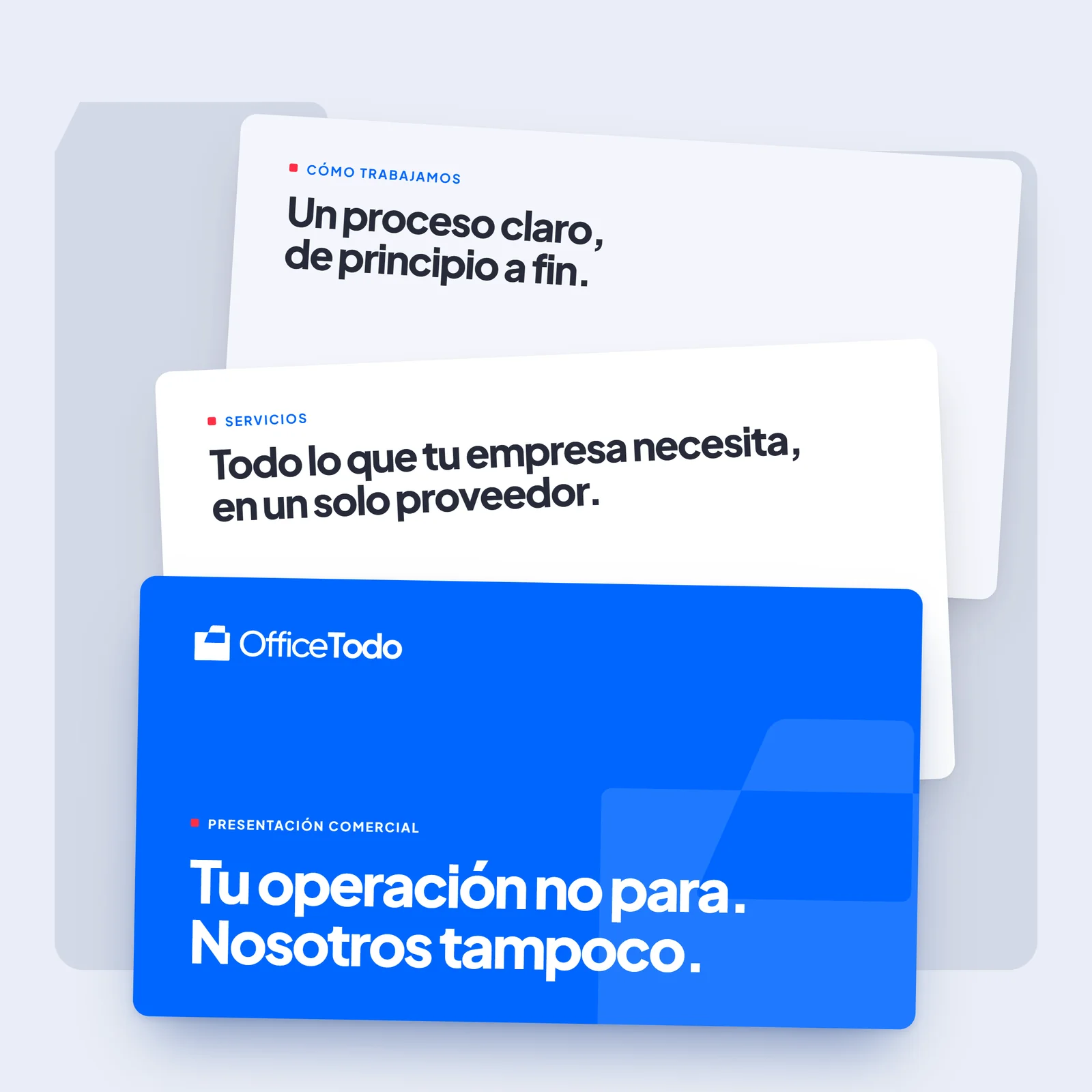 Láminas de la presentación comercial de OfficeTodo: «Tu operación no para. Nosotros tampoco.»