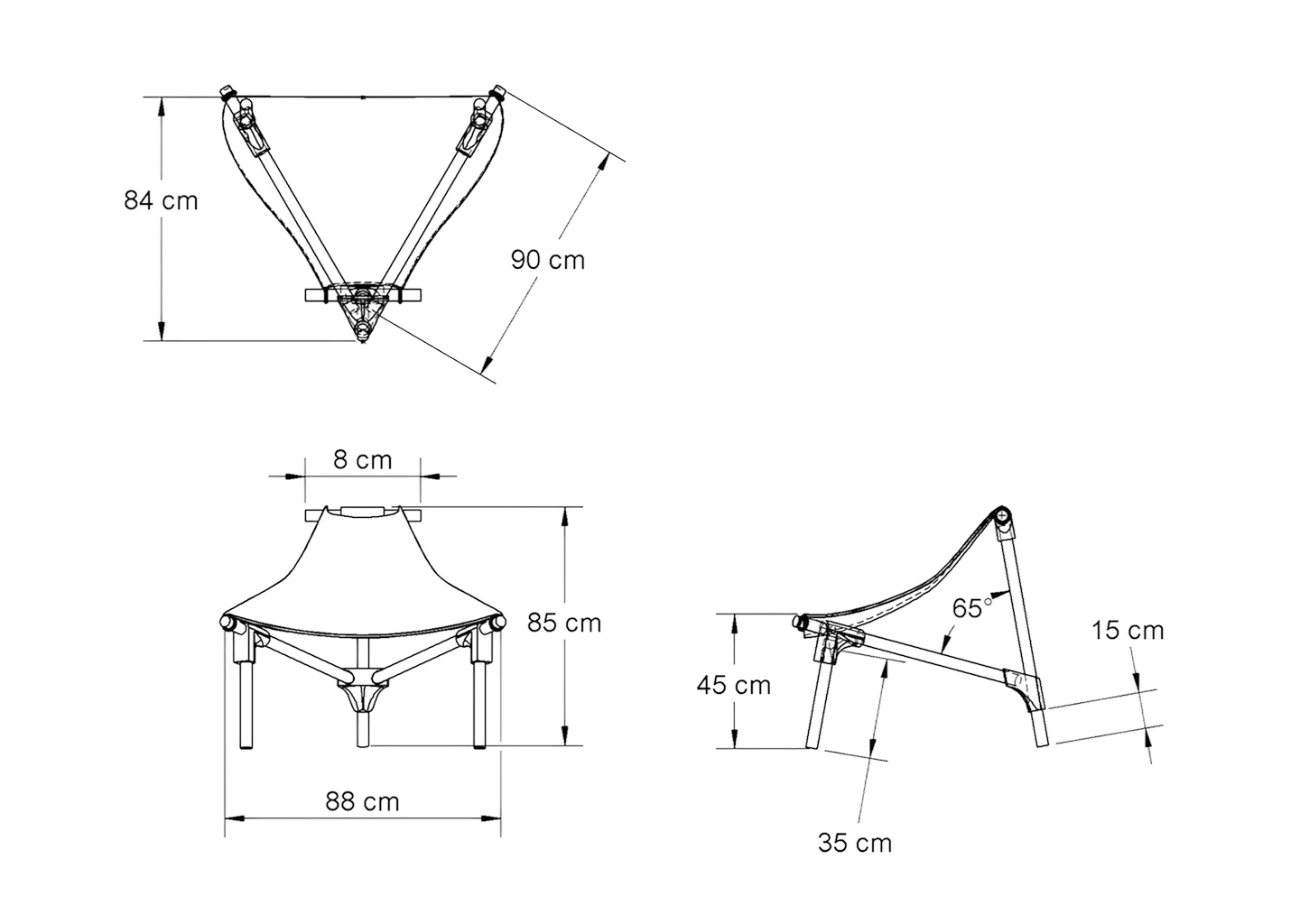 Technical drawings &mdash; plan, elevation, and side views with dimensions